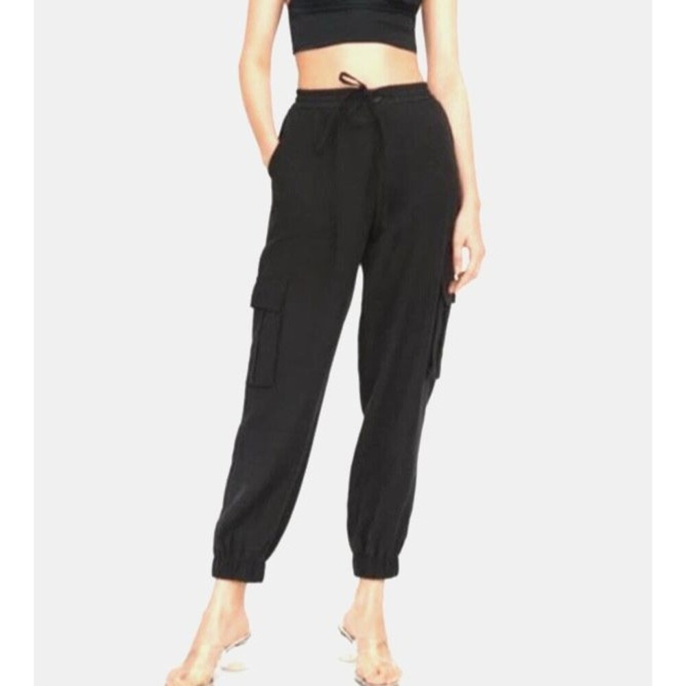 ZARA Women's Cargo Woven Jogger Pants Drawstring Pockets Size XS Black